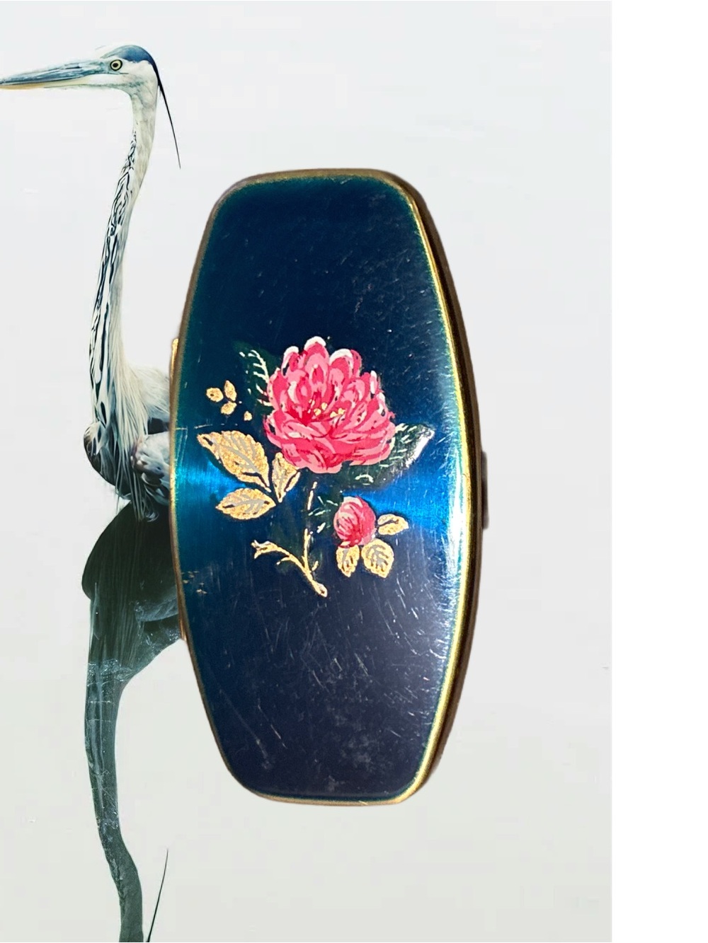 Vintage Blue Floral Compact Mirror - Pink Rose Accent